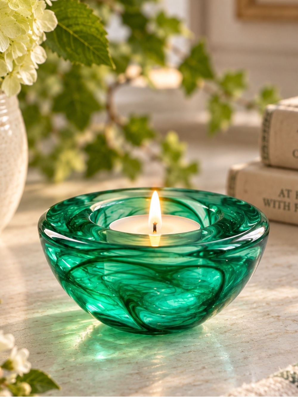Kosta Boda Atoll Green Swirl Glass Votive Candle Holder Anna Ehrner Sweden 4.5”